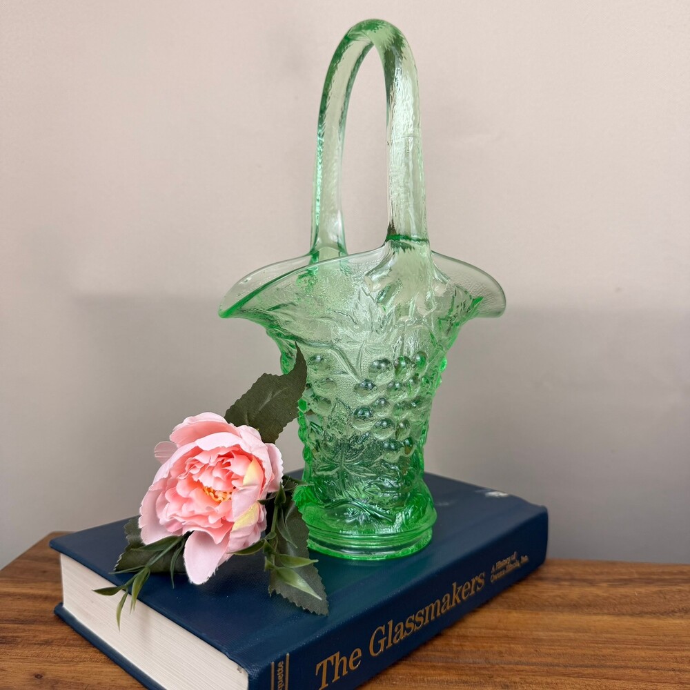 Vintage Imperial Green Uranium Glass Grape Vine 9.75" Basket Vase Twig Handle